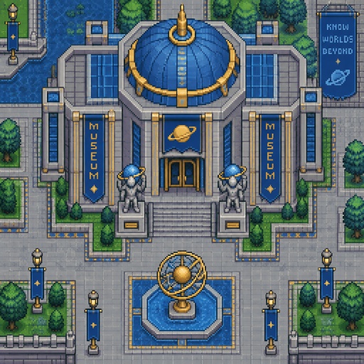 Museum full building for a futuristic fantasy city game, exterior, top down style