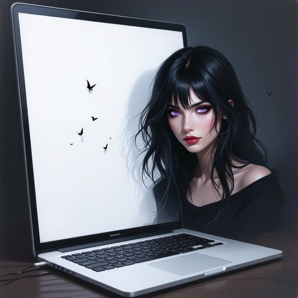 Show her entire body. Create mysterious woman jet-black hair is cut sharp to her jawline, and her violet eyes seem to pierce through darkness. A shadowy aura clings to her form, faint shapes shifting and flickering behind her like whispers of another realm. Show whole body head to toe
