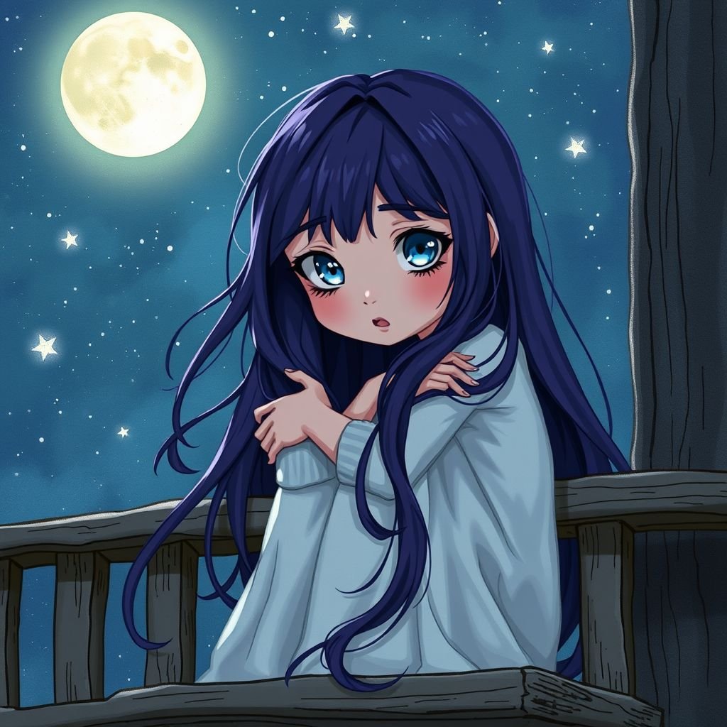 A lonely looking eight-year-old girl with dark purple hair down to her elbows and she had blue eyes, she was sitting on the balcony hugging her knees at night 