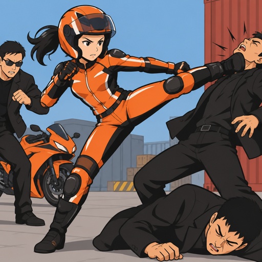 Asian female, helmet, motorcycle clothes orange, fighting bad guys