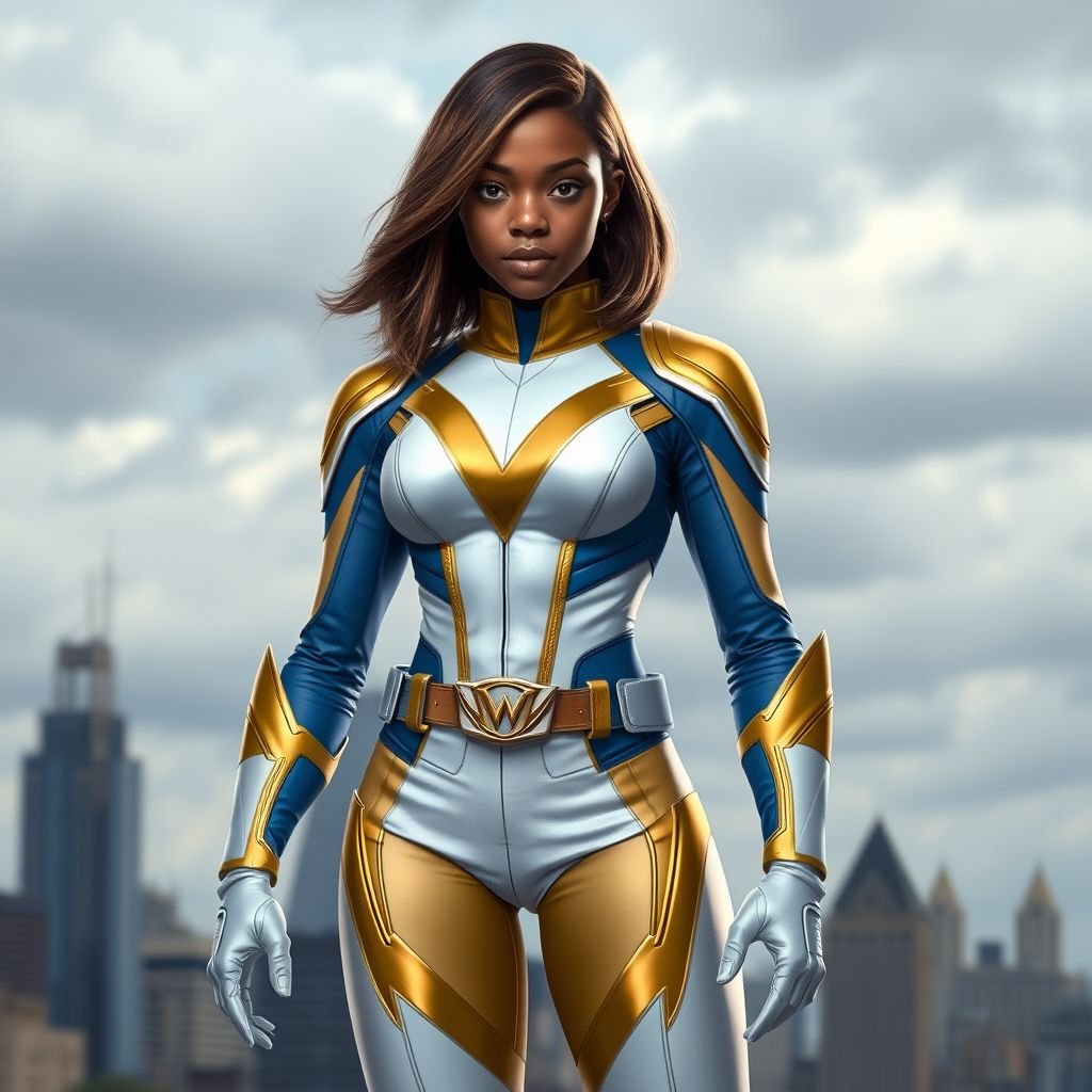 A teenage African American female superhero with hair in a shoulder length side part style wearing a mask wearing a partially leather white and Gold suit with blue accents and a stylized V as her chest emblem a utility belt and silver boots standing in Philadelphia during a cloudy day