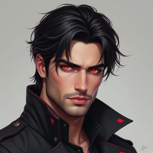 Please create a man, crimson red piercing eyes, black hair in a mullet like hair style. Strong cheekbones but not too strong. Muscles but not too strong, wears a black coat with crimson accents and black leather gloves