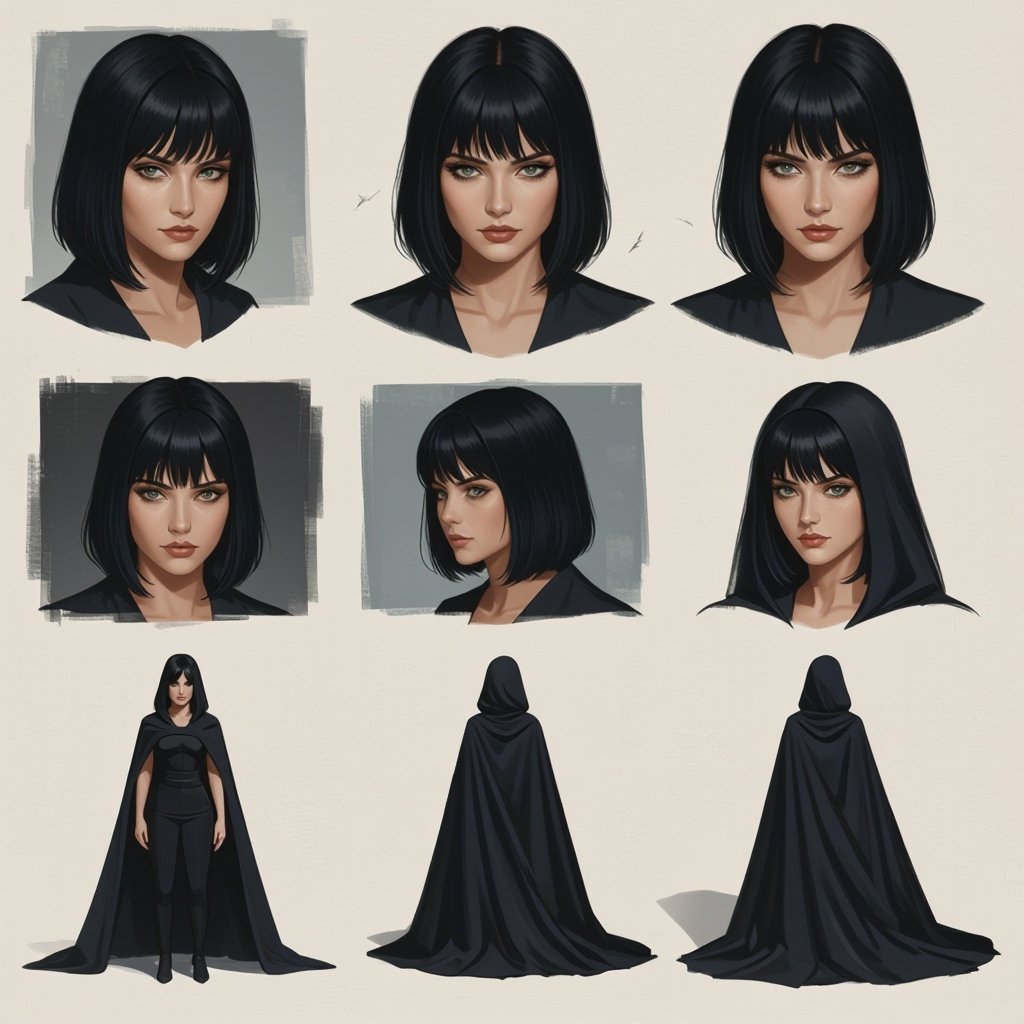 Show character head to toe. Create a mid age mysterious woman jet-black hair is cut sharpand her eyes seem to pierce through darkness. A shadowy aura clings to her form,