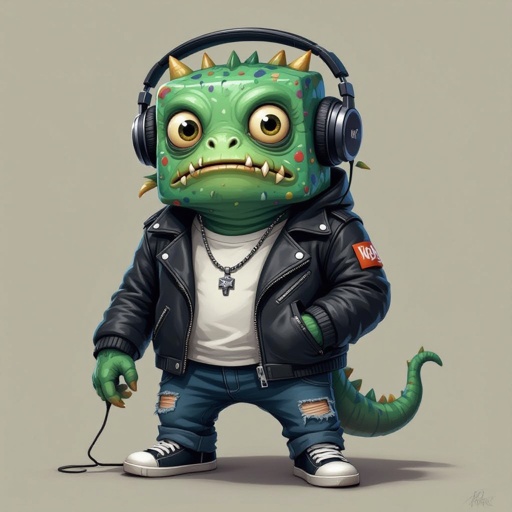 Create a funny looking monster dressed like a dj kinda with square face
