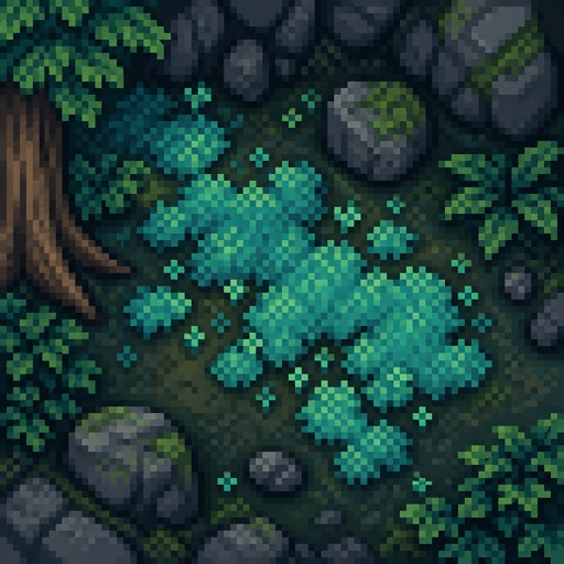 Moon moss blue-green moss found in shady places for a fantasy game set in modern times, top down style