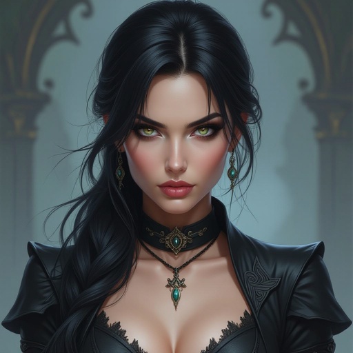 Show character head to toe. Create a mid age fantasy woman jet-black hair is cut sharpand her eyes seem to pierce through darkness. A shadowy aura clings to her form,