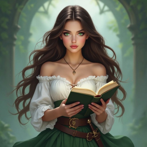 A young human woman. Long brown hair, large green eyes. Pale complexion. Delicate beauty. Holding a book. Dressed in a white, off-the-shoulder shirt and a green skirt. A dagger at her belt. Fantasy-realistic atmosphere.