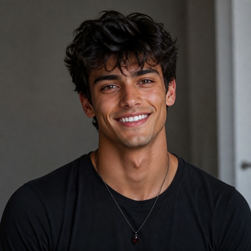 A young adult man in his mid-twenties with a lean, naturally athletic build, approximately 5’10”, messy thick black hair with loose uneven strands falling naturally around his forehead, warm brown eyes, and an approachable, youthful face. His features are handsome but unpolished and natural rather than model-perfect. His expression is openly warm and genuine, with an easy, sincere smile and bright, hopeful eyes. He has an energetic, protective presence without looking intimidating or aggressive. His body language is relaxed, open, and slightly playful, conveying someone who instinctively makes people feel safe and welcome. He gives off an optimistic, good-hearted, slightly goofy “golden retriever” energy while still carrying the physical confidence of someone capable and athletic. He wears a simple fitted black T-shirt and a thin necklace with a small dark-red jewel pendant resting against his chest. Natural proportions, realistic anatomy, subtle imperfections, believable twenty-something appearance, charismatic without appearing vain.