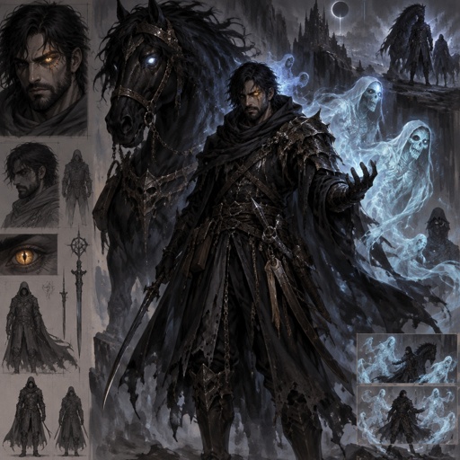 dark abyss assassin, dragon eye, large horse companion, spirit summoning abilities, black hair, beard