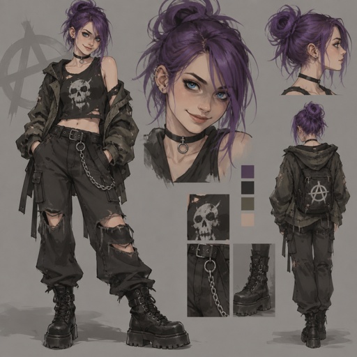 Female,medium hight ,pale,tan,blue eyes,vivid purple hair in a messy bun her front hair is swooped down in her right side,mischievous smile,rebel/grunge clothe style 