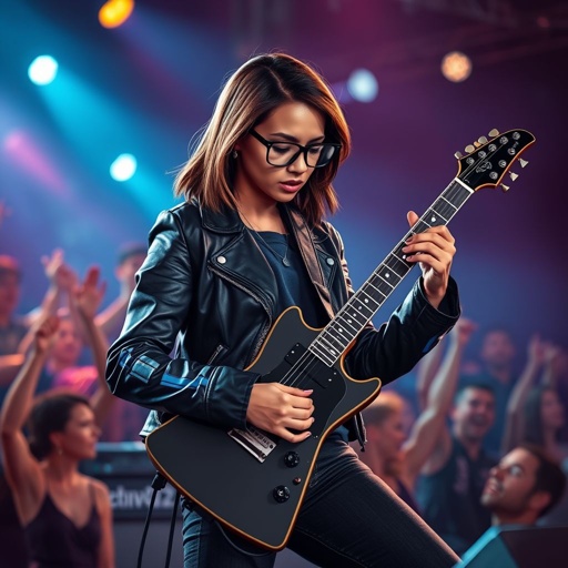 A teenage African American woman with glasses shoulder length brown hair with highlights in a side part style wearing black leather jacket with blue accents black jeans a dark blue shirt on a stage playing a Flying V electric guitar with a band