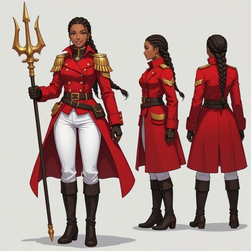 female, human, knight, African American, red double-breasted great coat, braids, thick, chunky, trident, smile, white pants, black boots, belts, adult, mature, chunkier