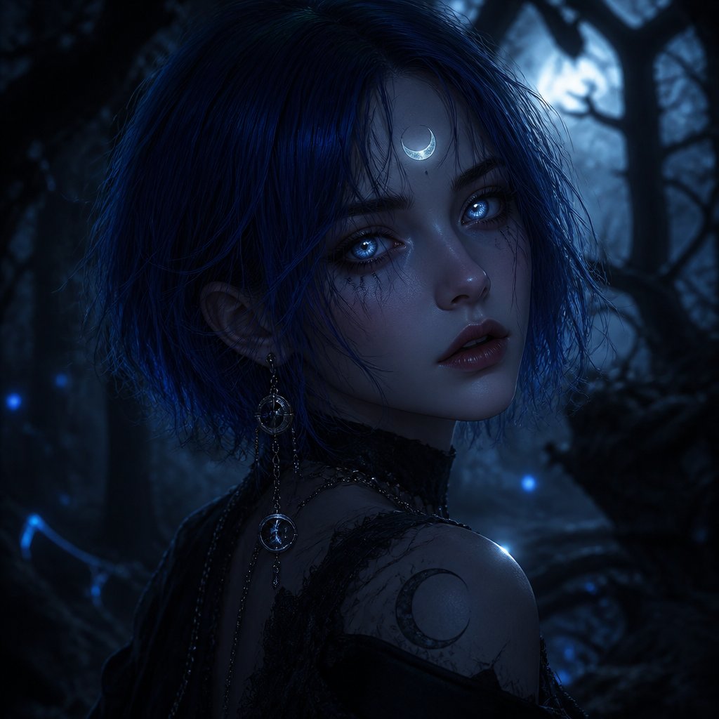 pretty girl short blue hair moon eyes