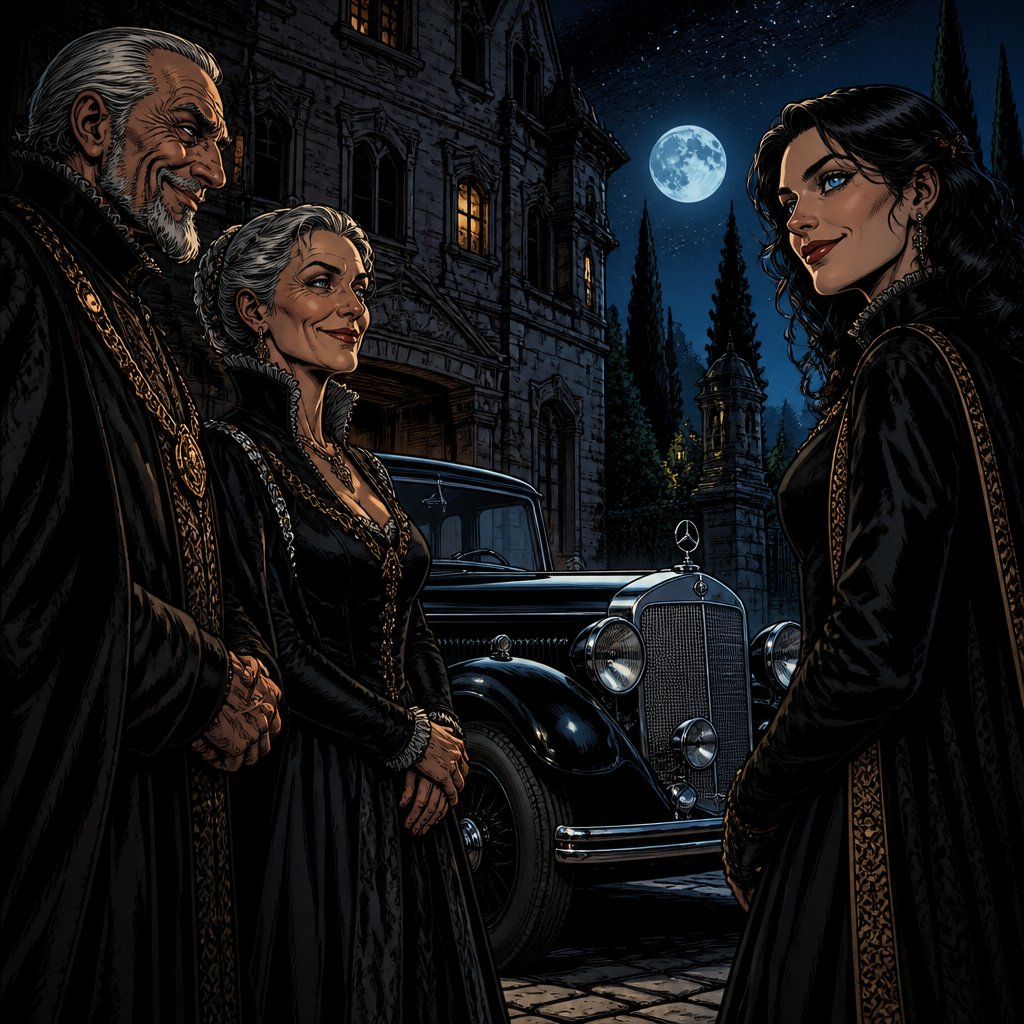 Vivid colours no speech bubble no print dots dark mysterious scene an elderly man and woman dressed in our Nate black renaissance robes are standing beside a long 1930s black Mercedes-Benz. They’re speaking to a tall woman early 30s black hair, striking blue eyes very slim. She is also wearing a dark renaissance robe. It is night but we see them clearly. they are smiling as if a secret deal had been arranged.
