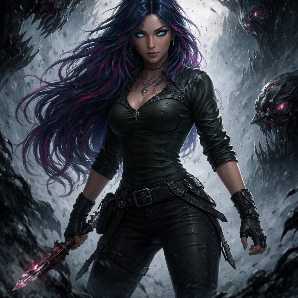 A 24 year old girl who has blue hair with pink stripes and has blue eyes. She looks strong and ready to fight. She is wearing a green shirt and black pants.