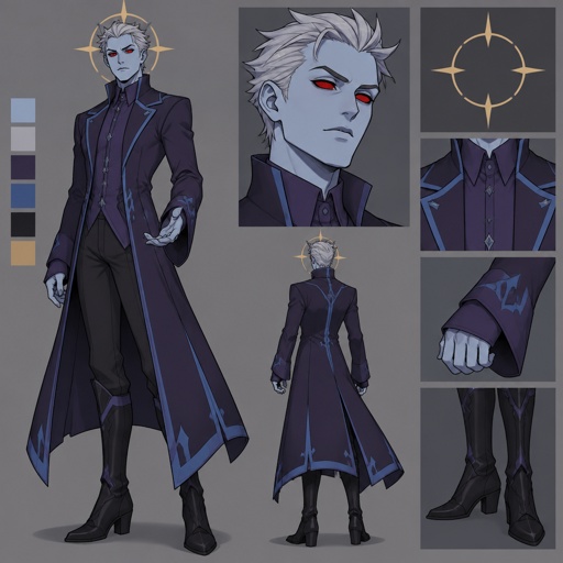 Male, short silver brushed back hair pointy, light blue skin, completely full red eyes, halo of four point gold surrounding head, purple long coat buttoned up, purple shirt and collar, shirt sleeves over palms, tall boots, black pants, blue details on clothes