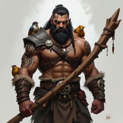 Kael the Beastbound – A rugged, broad-shouldered man with black skin and a rough beard, wearing armor made from bone and leather. deep green eyes tattoos of animal tracks spiral down his arms. He carries a massive wooden staff carved with the shapes of beasts, and small creatures often perch on his shoulders or follow at his feet.