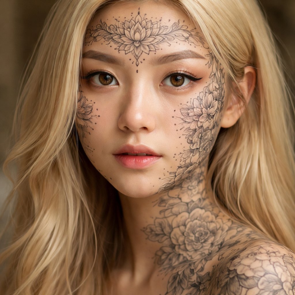 Blonde Asian girl with tattoos all over her face and no piercings