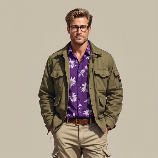 A Man in a Purple Hawaiian Button Up and Beige Cargo Pants. Light Brown Hair Glasses and a worn Army Jacket and Brown Boots
