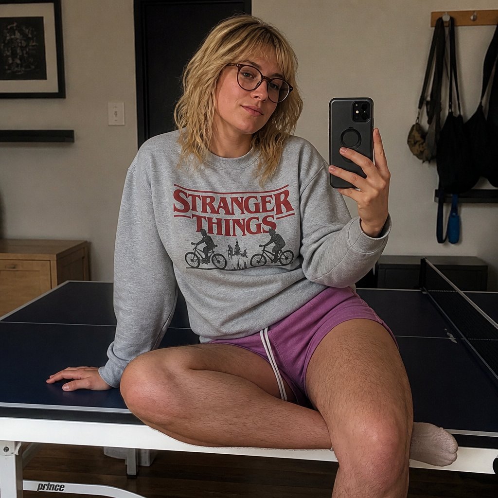 Female with blonde, hairy legs and blonde hair and very, very long hair and glasses, holding a phone sitting on a ping-pong table, pinkish purple shorts and the gray sweatshirt with a Stranger Things