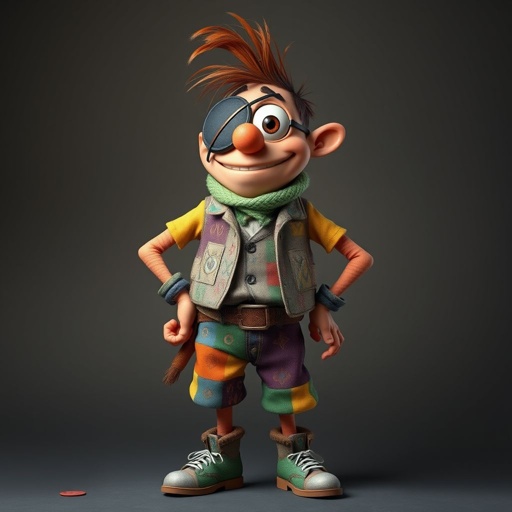 Create a funny guy name one eye Willy, who has one eye patched, show entire body head to toe 