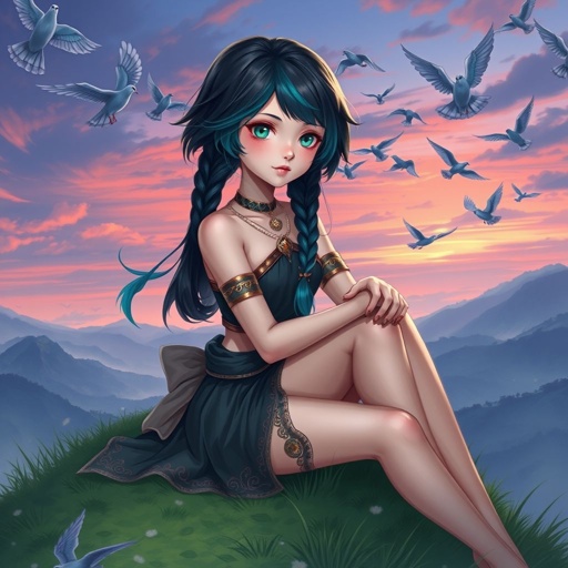 A young female with fair skin and vibrant teal eyes. Black hair with cyan tips in the form of two short braids. Wearing a goddess two-piece outfit (top and trousers) sitting on a hill watching pigeons fly from a very far distance
