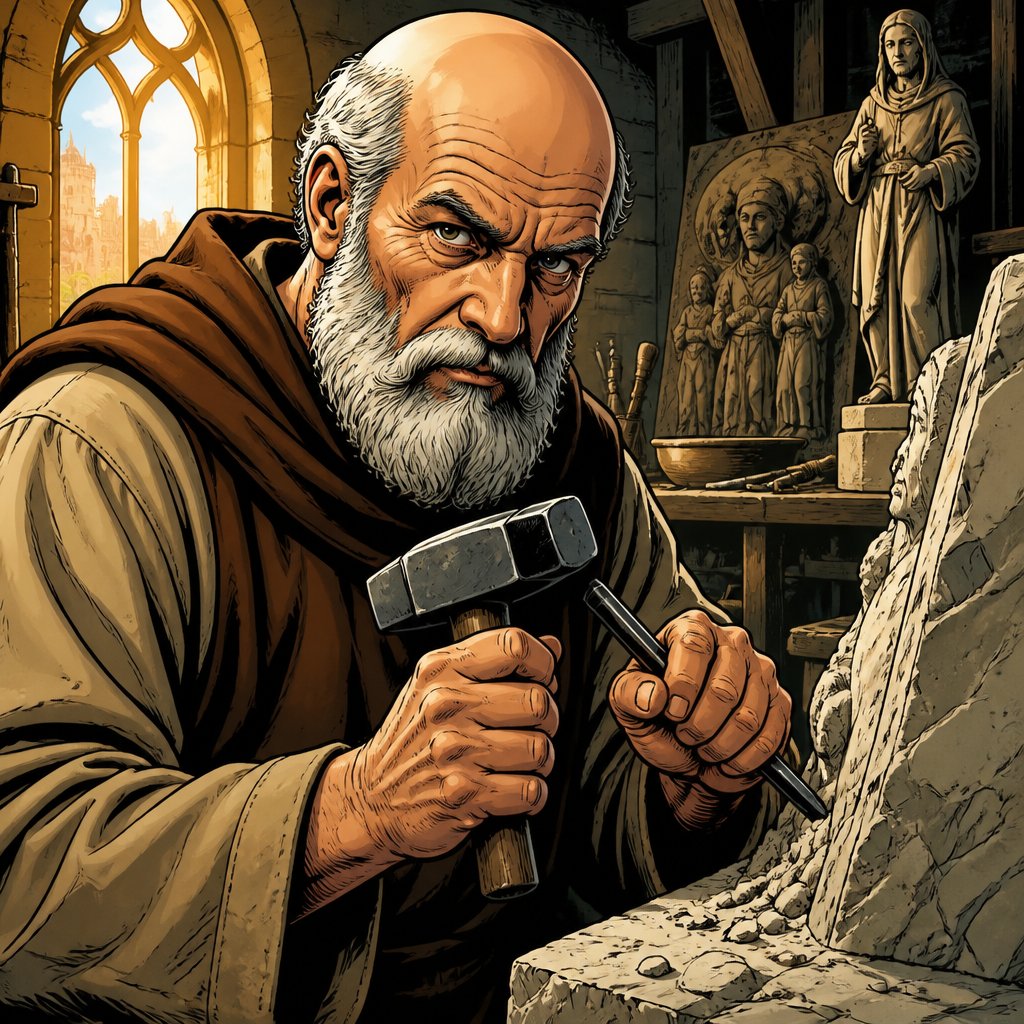 Realistic. Intense. No speech bubble a mediaeval sculptures studio an old man, gray hair, bald with a beard dressed in mediaeval robes. It’s chiselling a piece of rock. His face looks toward the camera afternoon setting.
