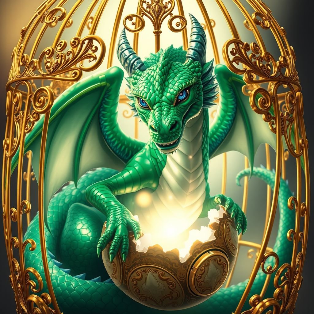 The most powerful dragon in the land hatching out of its egg in a cage made of solid gold