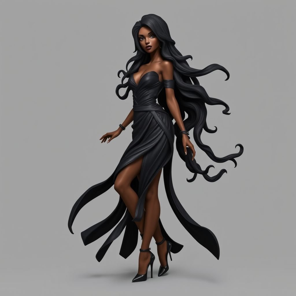 Create character hero Veyra of Shadows – A lithe, mysterious brown complexion woman draped in layered black silks that move like smoke around her. With jet-black hair. Show her whole body head to toe including her shoes.