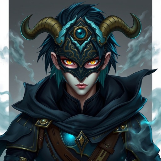 A pale young man with black hair and teal-coloured highlights with golden eyes. Wears a dark, close-fitting outfit adorned with cloud patterns, and a mask inspired by exorcism rituals, featuring horns and a centre eye. His design incorporates elements of antiquity and ethereality, balancing practicality with a sense of otherworldliness.