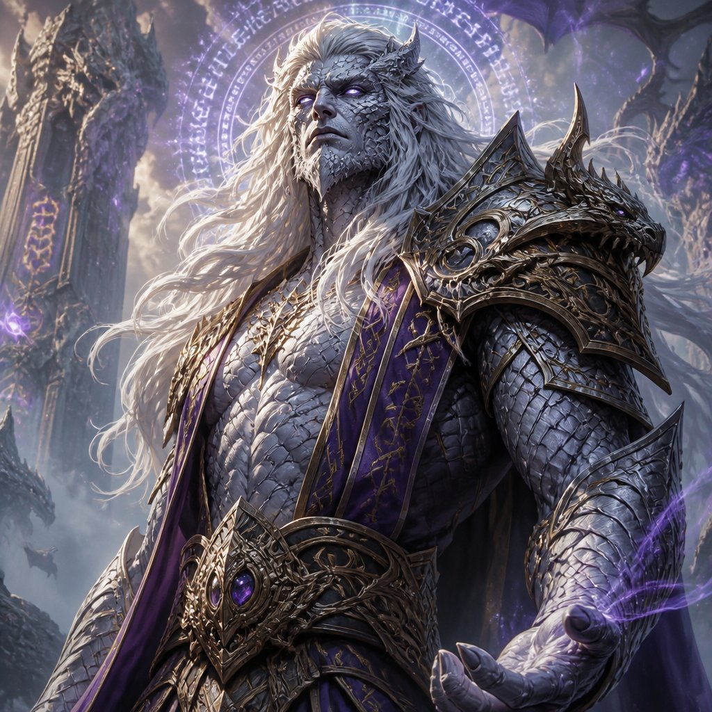 White hair and eyes scaled imposing looking man