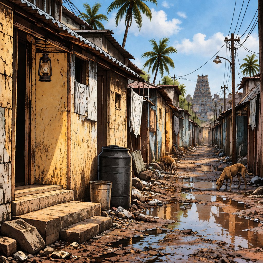 a dirty street with buildings and a dog