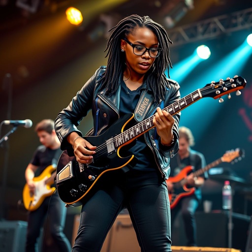 A teenage African American woman with glasses long locs in a side part style wearing black leather jacket with blue accents black jeans a dark blue shirt on a stage playing a Flying V electric guitar with a band