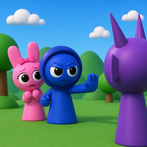 Jevin from Sprunki defending Pinki from Sprunki from Durple from Sprunki