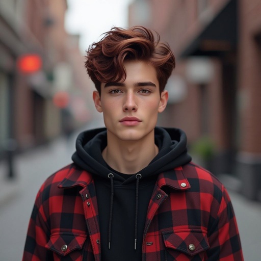 Male 18-year old dyed dark red hair dark grayish and red and black clothes  