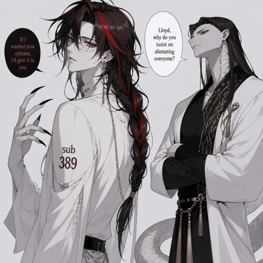 Man, tall, pale, snack like with snack eyes, green and blue long hair mysterious Anime white male, name Lloyd, hair messy long one loose braid, black hair with light red stripes, clean shaven,red eyes, long scary fingers spider fangs, glasses, sarcastic, cold, laugh mockingly, traumatized,was a unwillingly experiment many years before getting rescued, no memory of his past, has power of a spider, poisonous makes spider webs with his hands, can communicate and control spiders, on right arm a print says sub 389, doesn't remember anything from his past,very dangerous.snake man is trying to get Lloyd to talk about the experiment he went through, Lloyd coldly says “I have no answer”