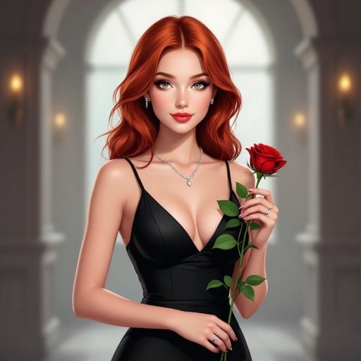 A redhead girl in a low cut dress 