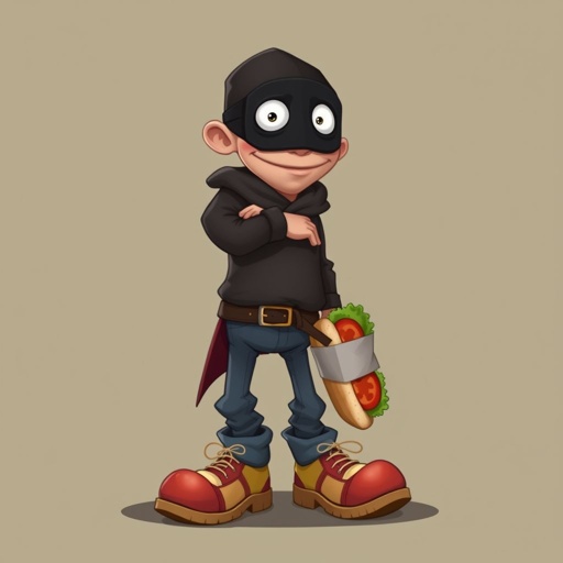 Create a funny looking clumsy thief with funny shoes on. Make him have on the bandit black thing around his eyes. And wanted for stealing sandwiches 