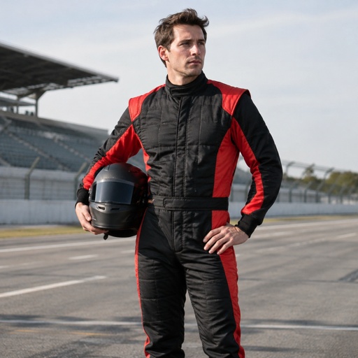 A man in a black and red racing uniform with no logos or sponsors 