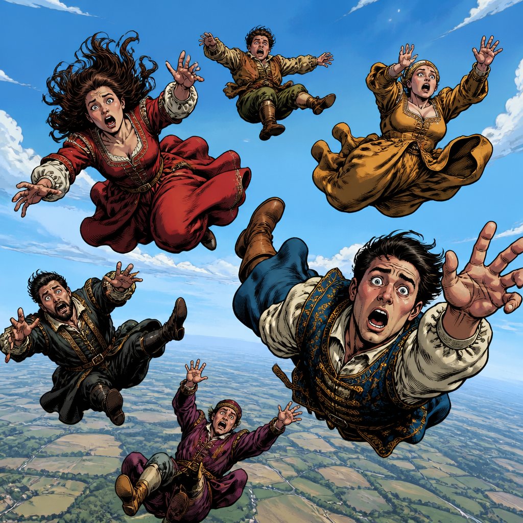 Highly realistic No speech bubbles, highly vivid colours six very tiny falling men and women dressed in Renaissance robes are falling through the air