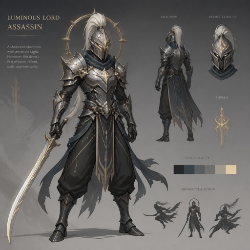 assassin, long curved sword, crested helmet, dark silver armor, luminous lord, baggy pants