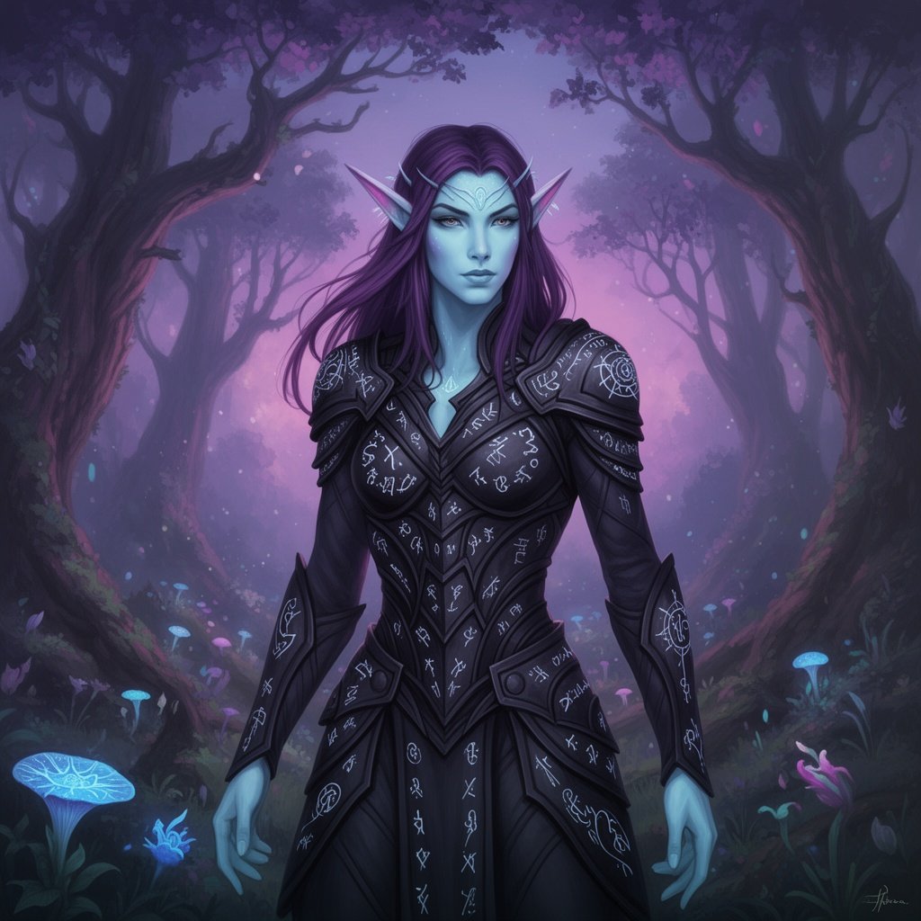 light blue skin elf with dark purple hair and black armor