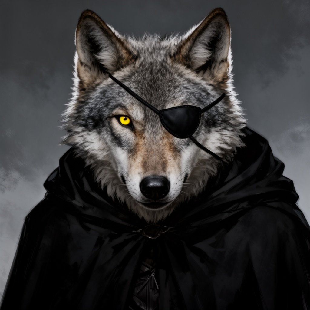 A wolf with an eye patch and yellow eyes and black cloak he is evil betrayed his pack to be a villain