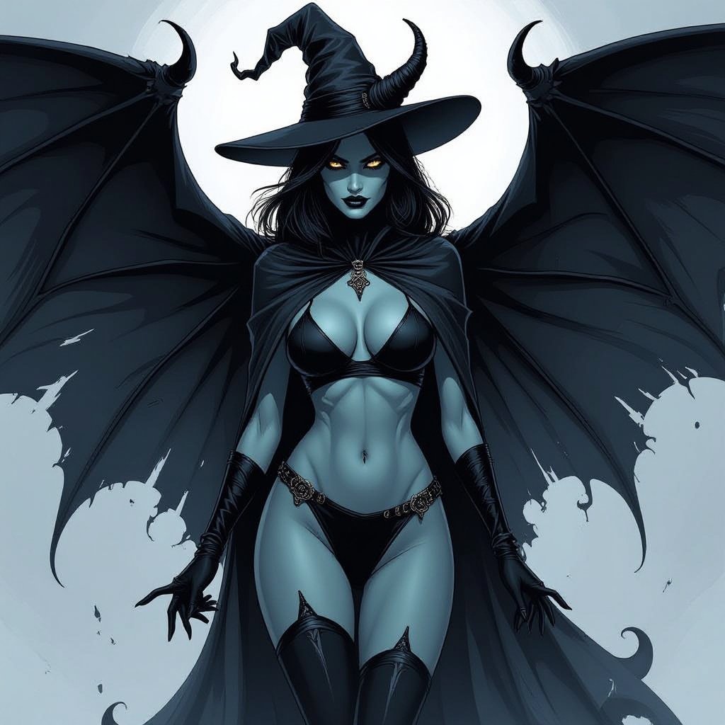 sexy shadow demon witch gypsy slate grey skin large black billowing cloak that emits darkness and shadow. Two piece. Witches Hat. Two Demon horns