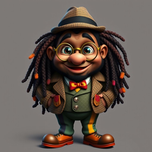 Create a funny fat character similar to Sherlock Holmes, but make him of black decent and with dread locks. Show his whole outfit including his shoes.