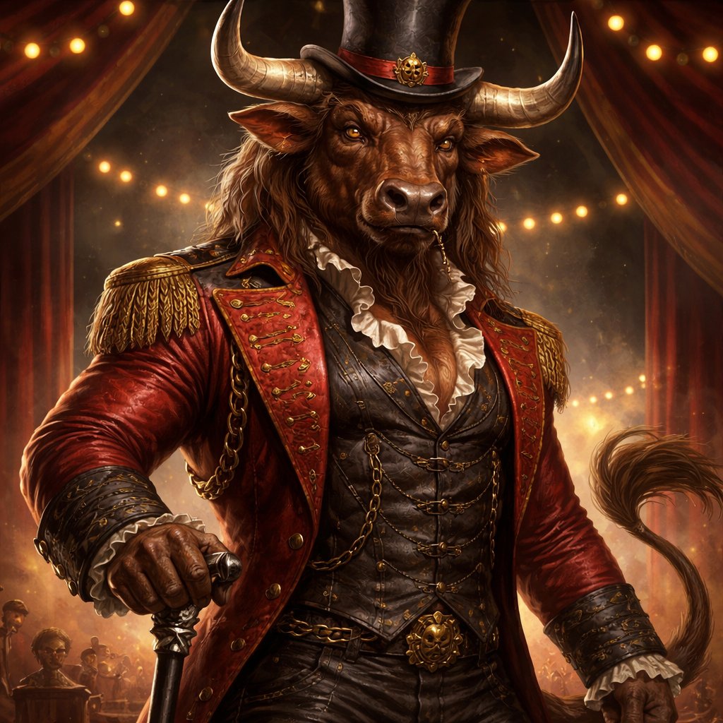 A male chestnut brown Minotaur with deep set cattle like brown eyes, large powerful gleaming horns like his fathers, a well~proportioned figure/body at lest 6 foot tall, long tail. He works at freak show as the ringmaster and his abilities are Reality Rejection, Time Manipulation (Chronokineses), Zoolingualism (Language of Cattle only), Human Speech. His mother is a human with half-animal (Cretan Cattle) physiology and his father is a Cretan Bull.