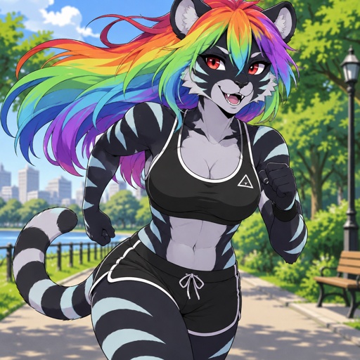 Female tiger furry, inverted colors, long rainbow colored hair, red eyes, athletic build, park, jogging