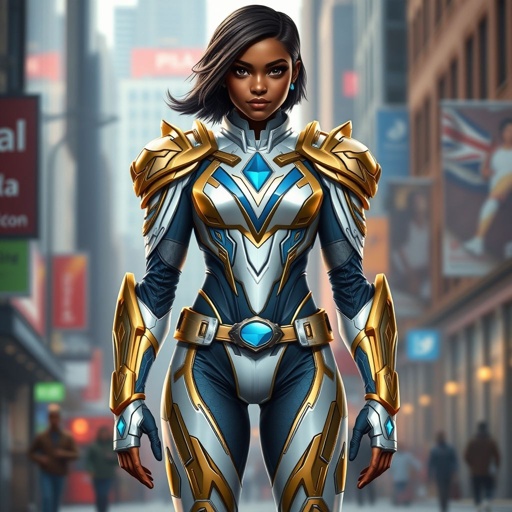 A teenage African American female superhero with hair in a shoulder length side part style wearing a slightly medievally armored white and Gold suit with blue accents and a stylized V as her chest emblem a utility belt and gold boots standing in Philadelphia