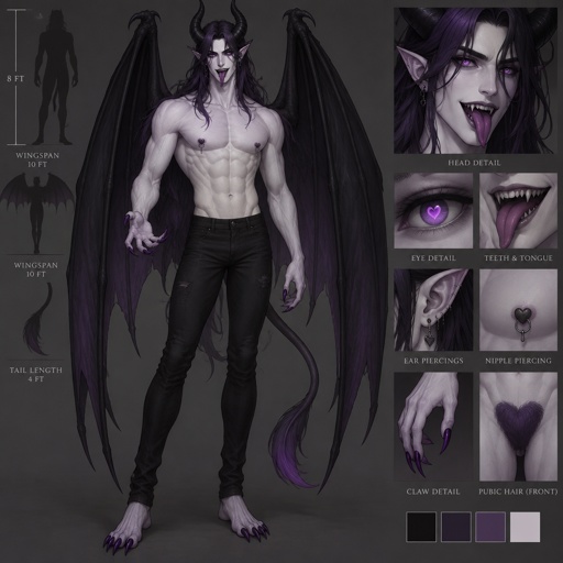 8 feet tall, extremely pale skin, almost pure white slim, build wearing pure black jeans no shirt has an six pack teeth are sharp, long tongue, long blood red hair eaten strong demon horns that are pure black 10 foot wide demon wings that are pure black and a 4 foot long demon tail is a incubus male eyes are purple pupils heart shaped give him heart shaped nipples make his nipples pierced, make his ears pierced make him have pubic hair, make his pubic hair, heart shaped and make it purple make his wings tail and horns purple give his claws a purple hue to them make his hair have more purple than red and make it extremely dark purple