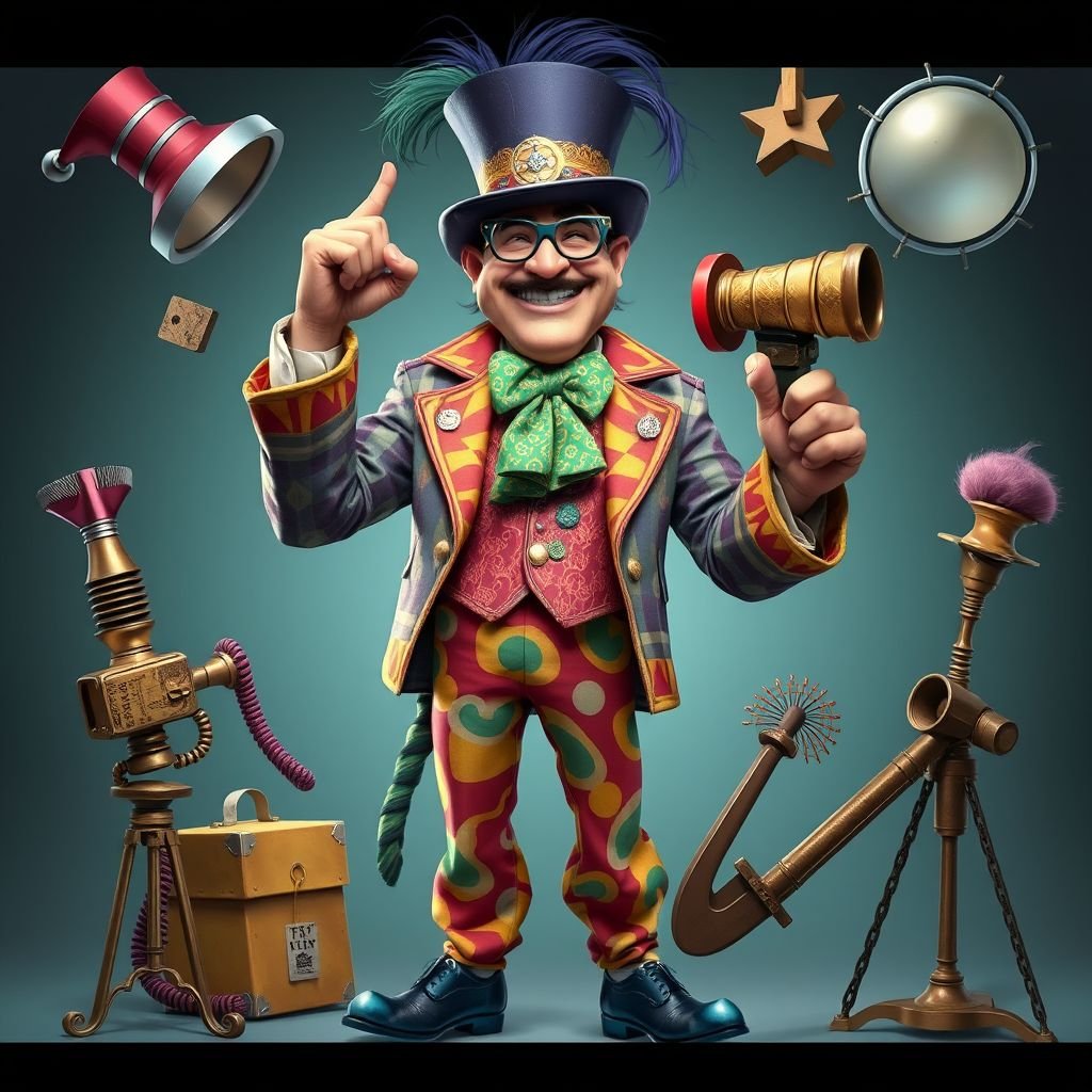 Create a funny arrogant character , showing him head to toe like his whole outfit 